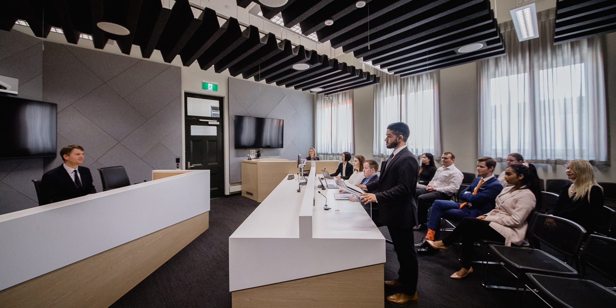 Students in the moot court - play video