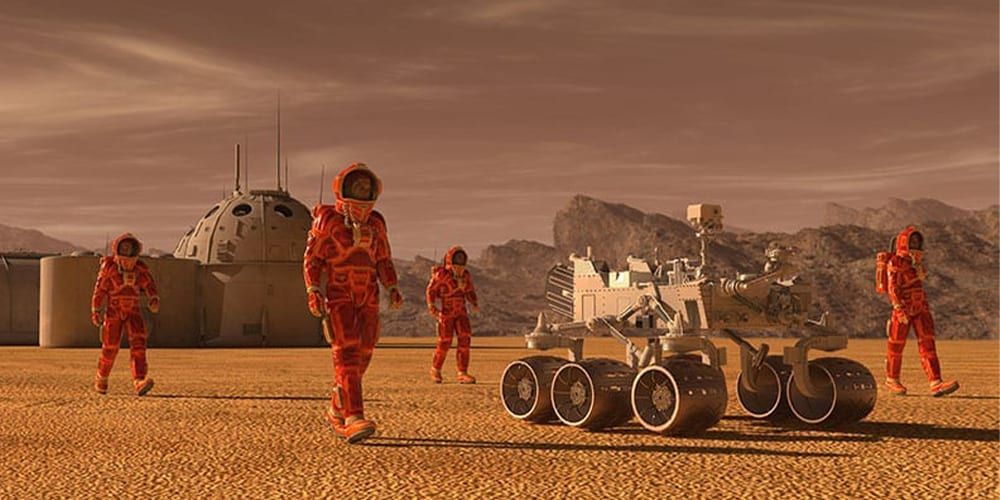 Four astronauts on Mars walking away from their living quarters with a rover