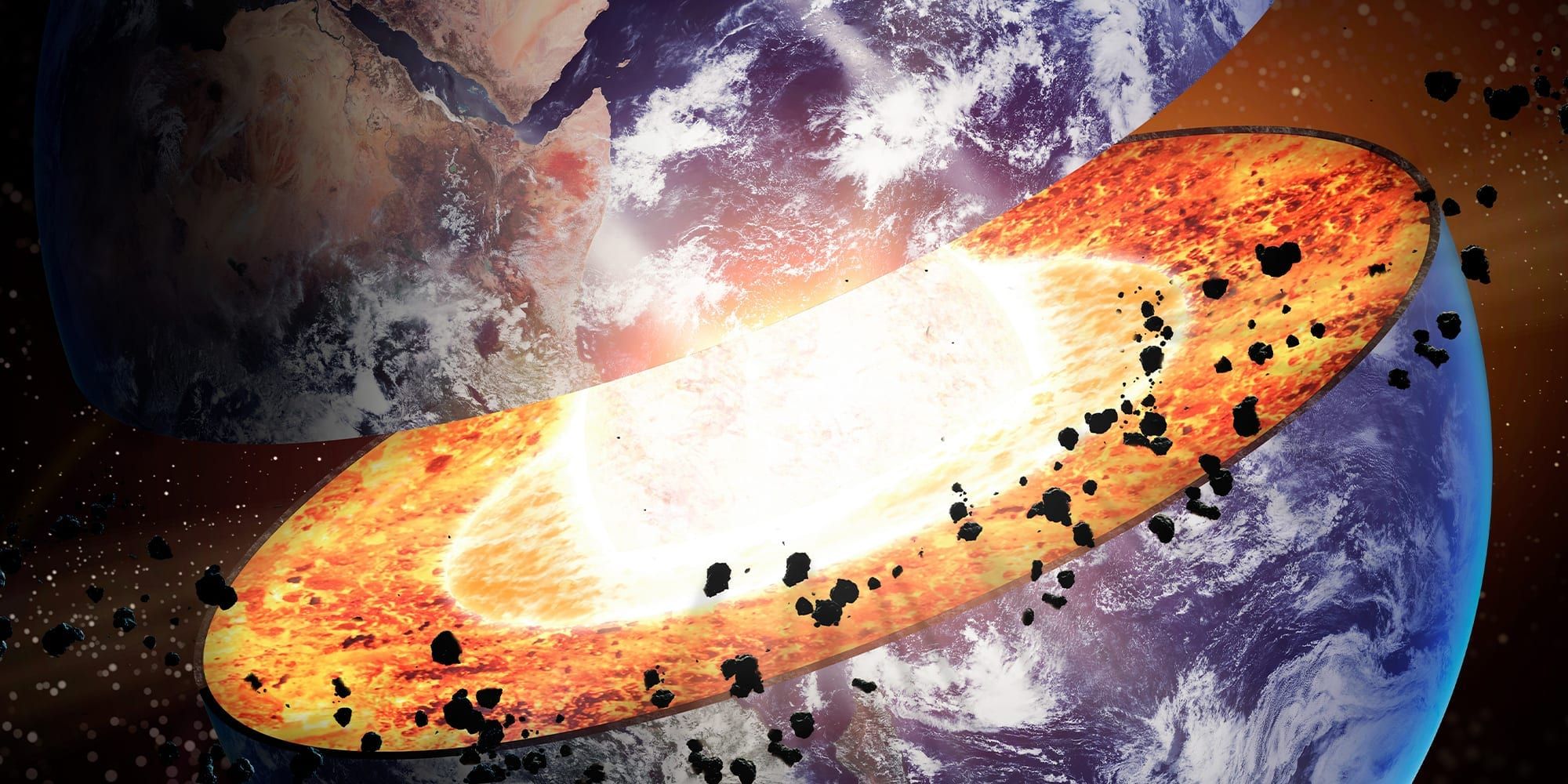 Planet Earth in space split in half to reveal the inner layers and core