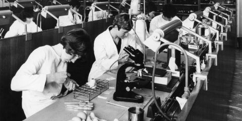 Black and white image of students in a Curtin laboratory decades ago