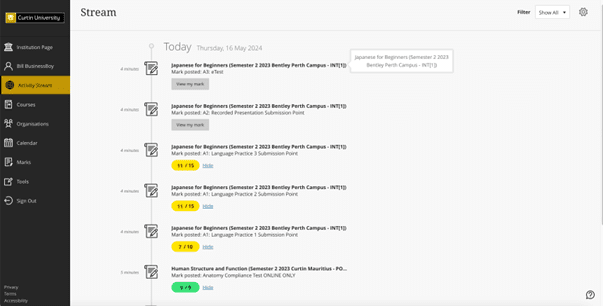 Screenshot of Blackboard activity stream page.