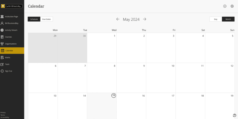 Screenshot of Blackboard calendar page.