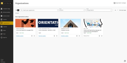 Screenshot of Blackboard organisations page.