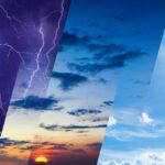 An image split into three types of weather. The first is lightning, the second is sunrise, the third is a blue sunny sky.