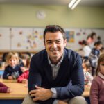 Male teacher in a classroom smiling