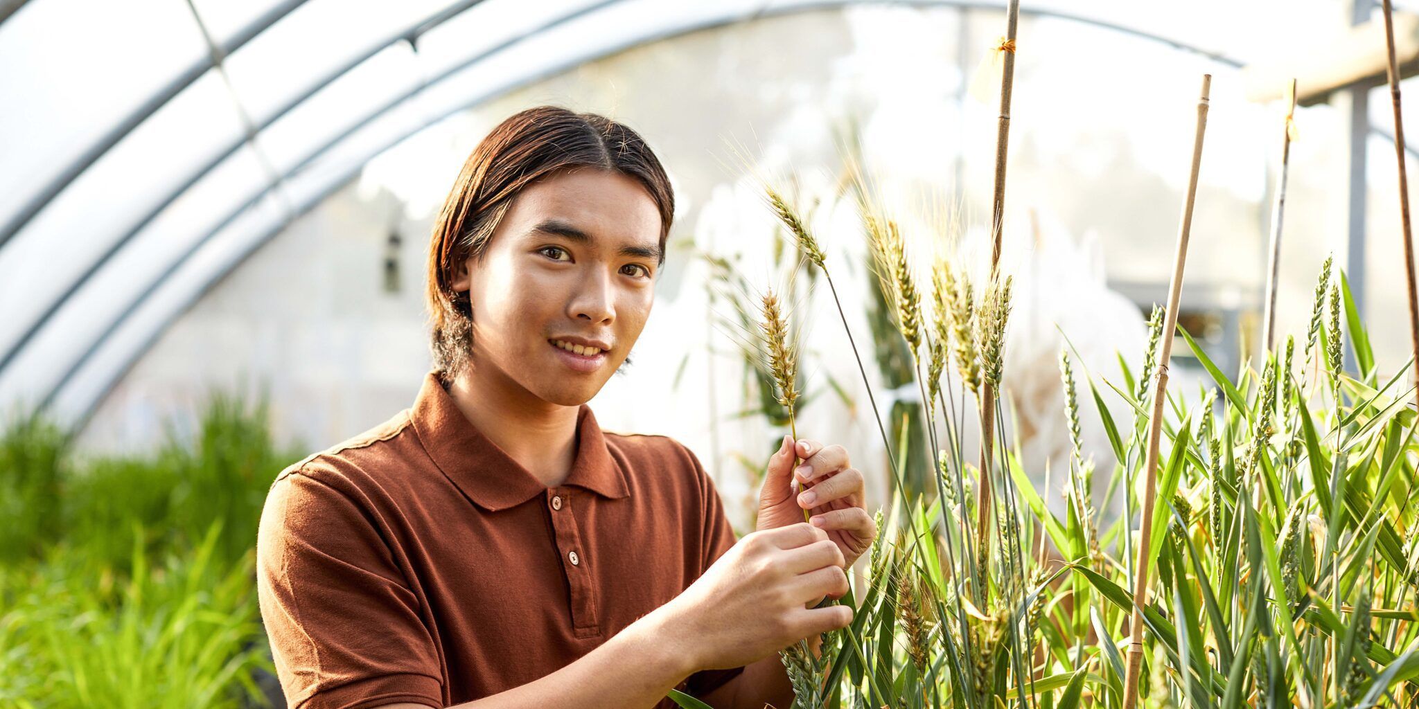 Male student in an agricultural environmental lab setting