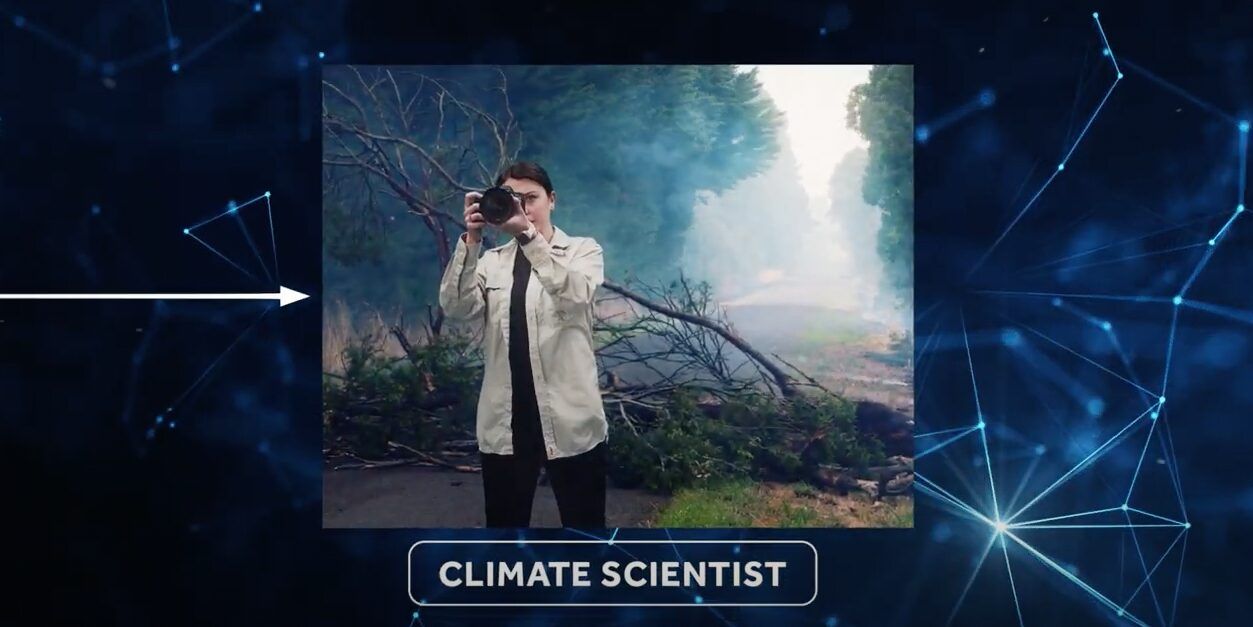 Female in high vis gear taking notes in a damaged area that has experienced a bush fire - a climate scientist - play video