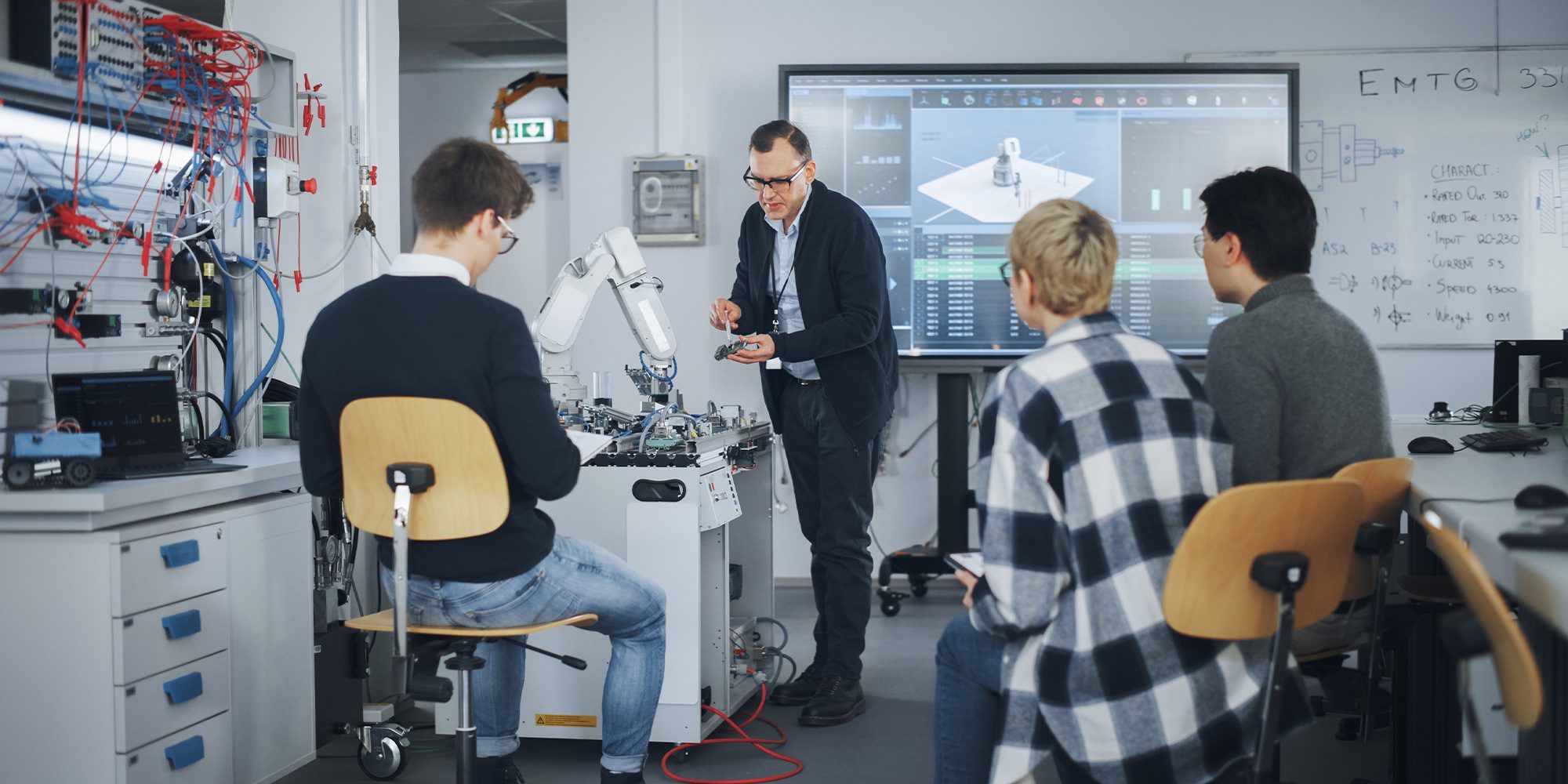 Students and teacher using robotics device