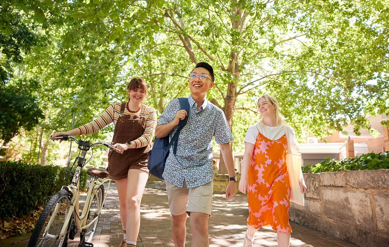 Three students walking on campus under trees