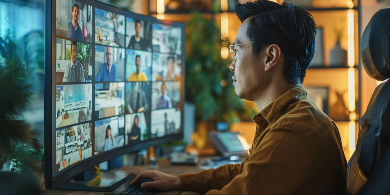 Man in work attire in an online meeting at his computer.