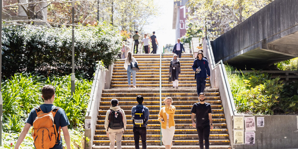 Students walking up stairs